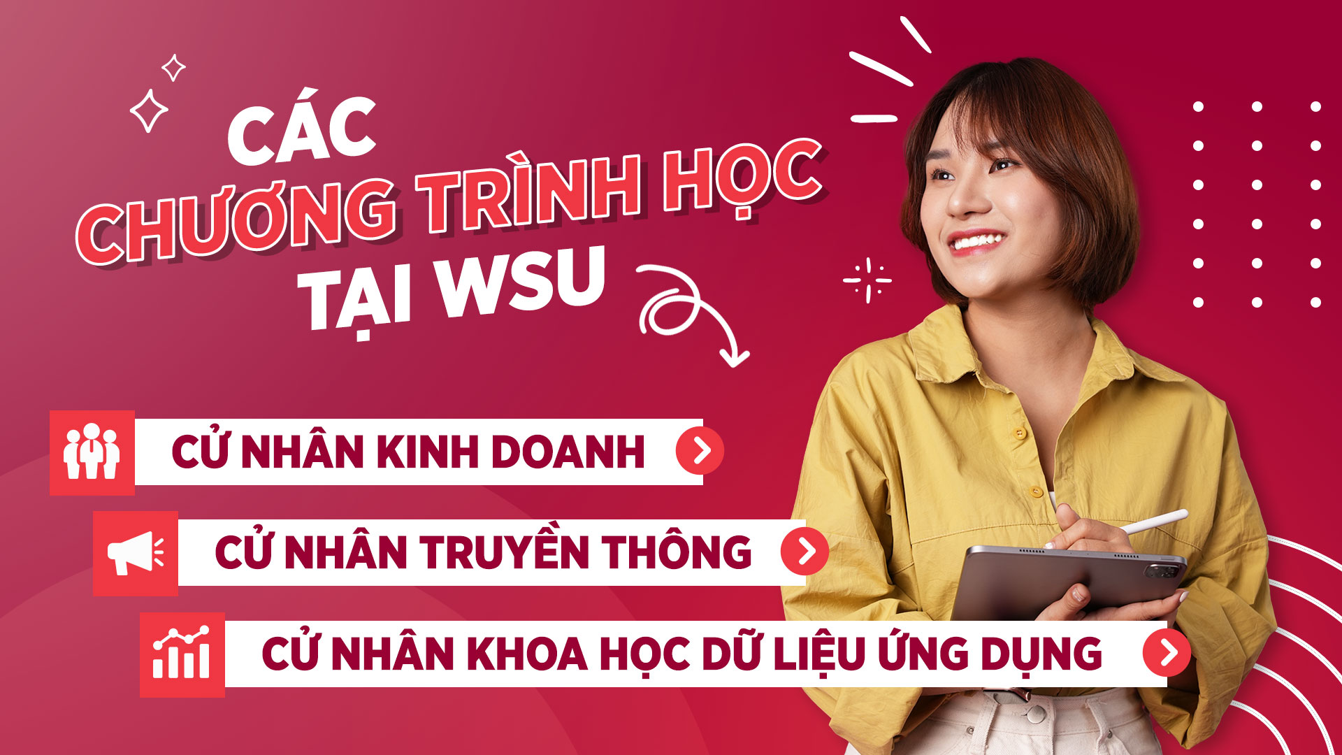 Đại học Western Sydney, Cơ sở Việt Nam hiện đang đào tạo các chương trình: Cử nhân Kinh doanh, Cử nhân Truyền thông và Cử nhân Khoa học Dữ liệu ứng dụng