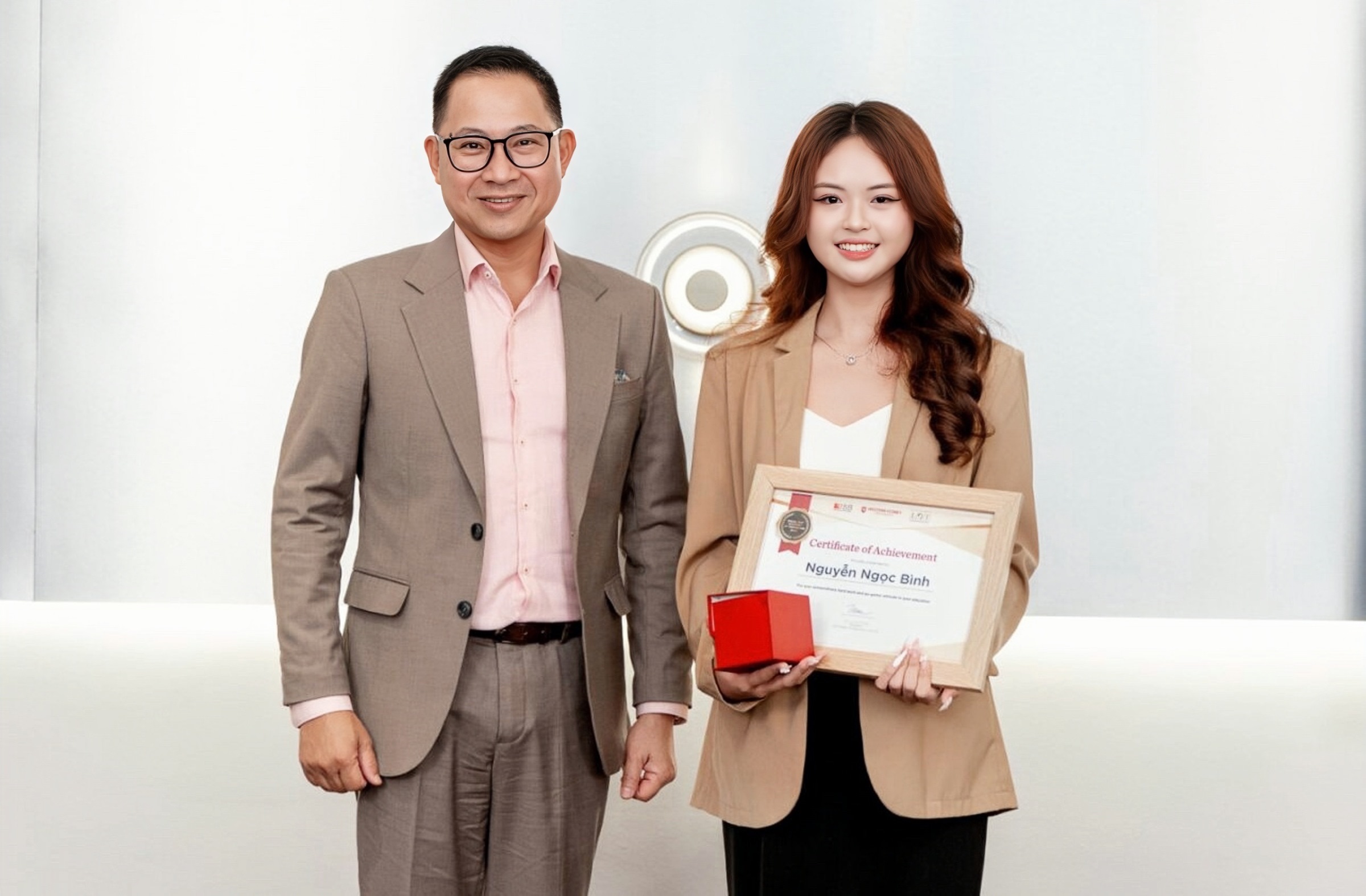 Ngọc Bình cùng TS. Lý Quí Trung tại buổi sơ kết học kỳ 3 năm 2023 của chương trình Cử nhân Kinh doanh LQT 
